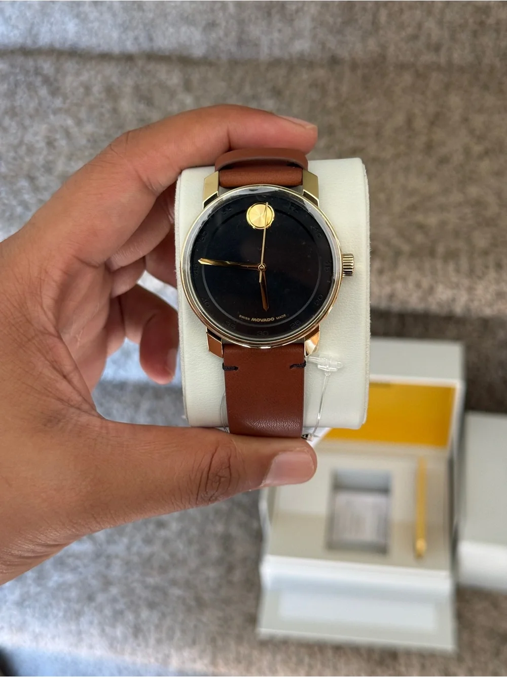 Movado bold Gold-Tone Case Black Dial Brown Leather Strap mens Watch